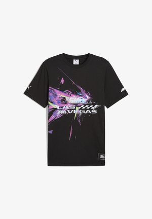 Black T-shirt with short sleeves featuring a colorful graphic design of a race car and "LAS VEGAS" text in bold, white letters.