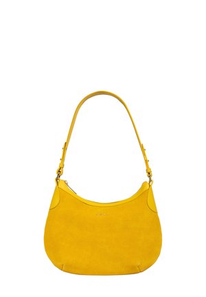 Yellow suede shoulder bag with a curved design, adjustable strap, and a zippered top closure. Smooth texture with minimal hardware accents.