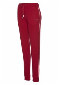 Rote Sweatpants aus weichem Stoff, mit einem Kordelzugbund, seitlichen Taschen, weißen Streifenakzenten und gesticktem Känguru-Logo.