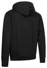 Čierna mikina s kapucňou, s jemnou textúrou, patentnými manžetami a lemom, a jednoduchým dizajnom so stredovým švom na chrbte.