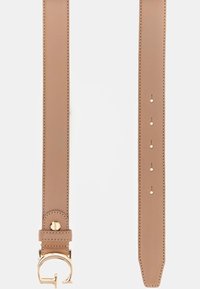 Light brown leather belt with a smooth finish, featuring gold-tone metal round buckle and multiple adjustment holes along the strap.