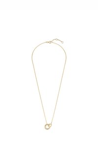 Gouden ketting met een fijne ketting en verweven cirkelvormige hangers in verschillende maten, met een gepolijste afwerking.