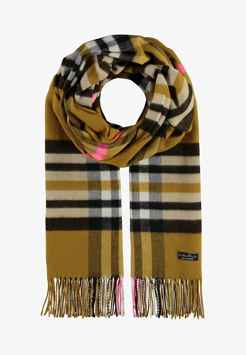 Sciarpa a quadri beige e nera con accenti grigi, bianchi e rosa, caratterizzata da estremità frangiate e una morbida texture del tessuto. Etichetta del marchio visibile.