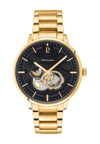 Reloj de acero inoxidable tonificado en oro con una esfera negra texturizada, diseño esqueleto y acentos dorados; cuenta con manecillas de horas y minutos y sub-esferas.