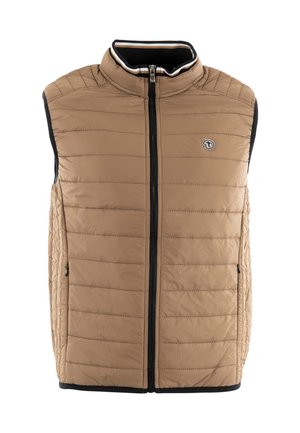 Gilet rembourré beige avec col montant, matelassage horizontal et fermeture éclair noire. Doté de poches latérales et d'un logo sur la poitrine.