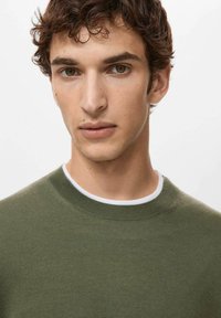 Młody mężczyzna o kręconych brązowych włosach, ubrany w zielony sweter z okrągłym dekoltem na białej koszuli, patrzący prosto w kamerę.