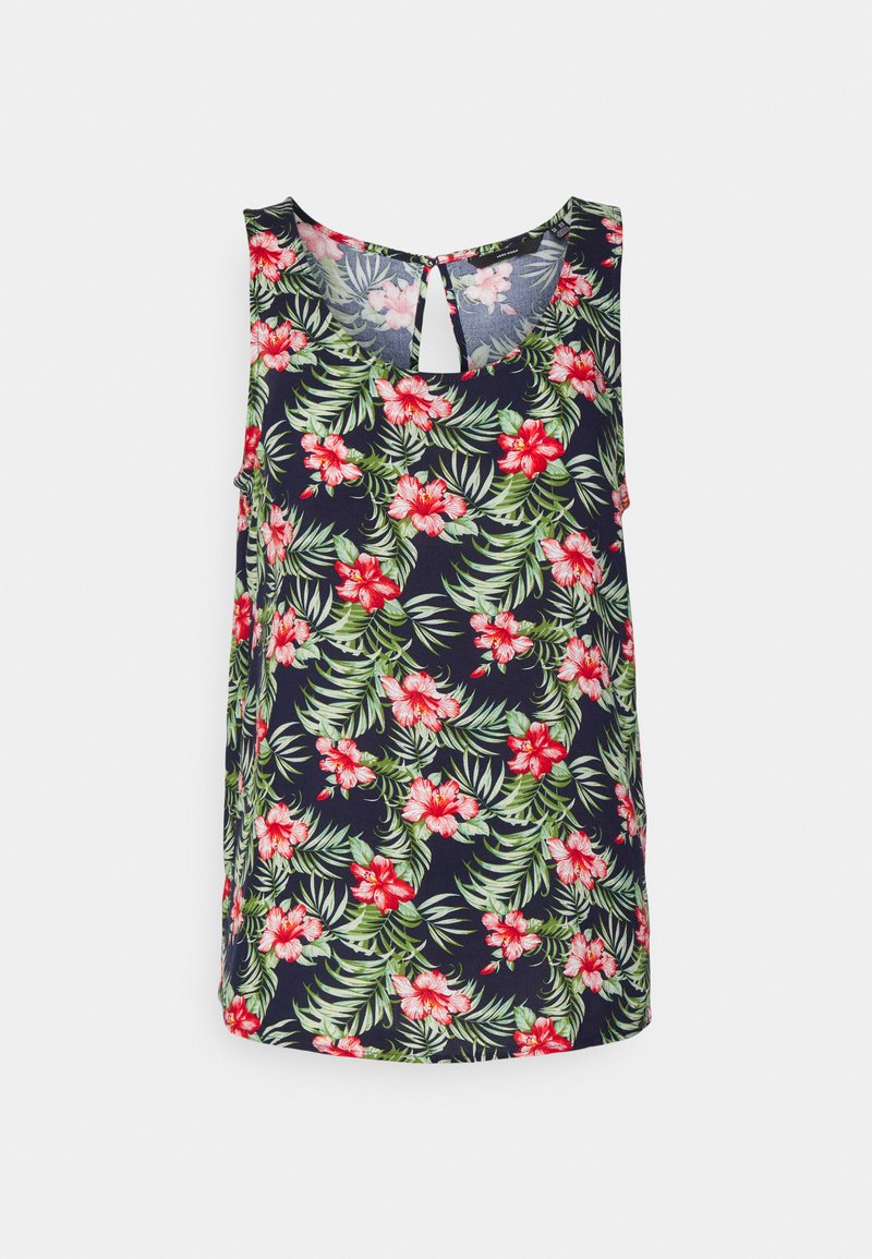 Top sem mangas com uma base azul-marinho, padrão floral com flores vermelhas e folhas verdes. Design de costas com buraco; tecido leve.