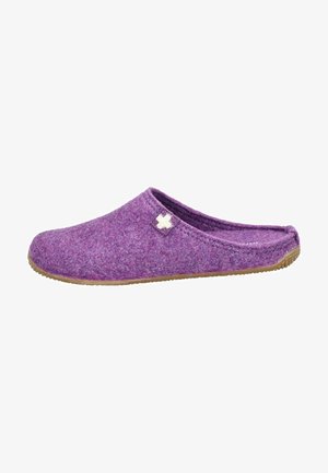 Purple felt slipper with a soft texture, open back design, and a small white cross accent on the side; rubber outsole for grip.