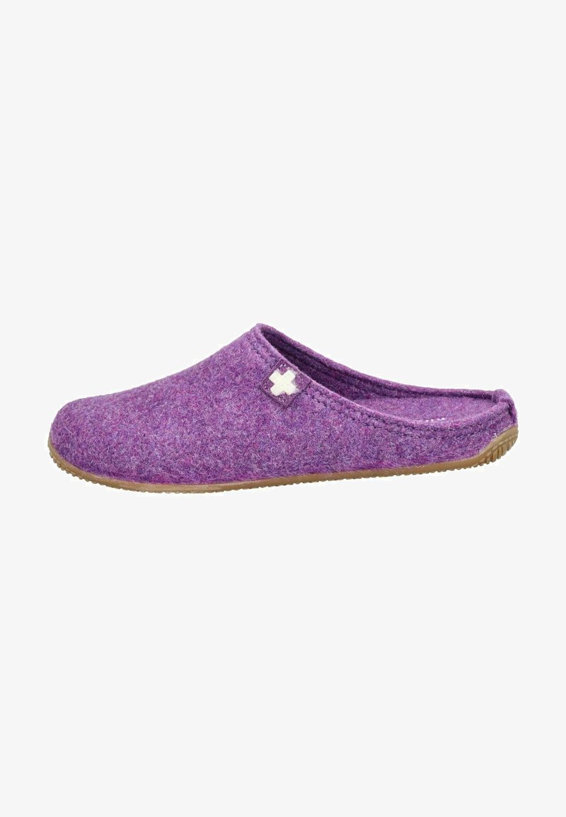 Purple felt slipper with a soft texture, open back design, and a small white cross accent on the side; rubber outsole for grip.