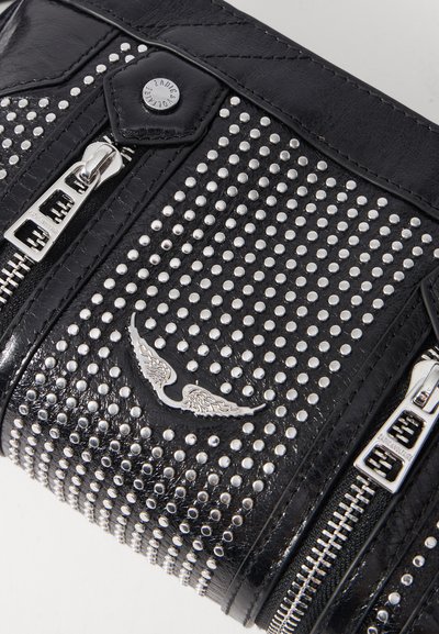 Black leather wallet with silver studs, featuring a winged emblem, two zippers, and a textured design with a chevron pattern.