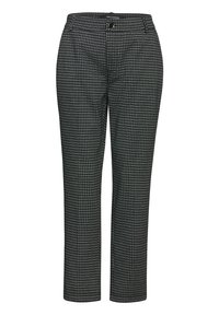 Pantaloni a quadri realizzati in tessuto intrecciato, caratterizzati da un motivo houndstooth bianco e nero, taglio dritto, passanti per cintura e chiusura frontale con bottone.