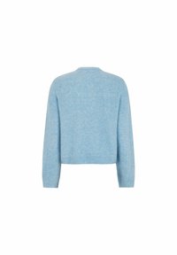 Kort sweater i ljusblått, tillverkad av mjukt tyg. Har långa ärmar och en ribbad fåll, med en enkel, slät yta.