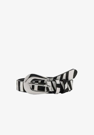 Black and white striped leather belt featuring a shiny silver metal buckle and an adjustable design with a loop for securing excess length.