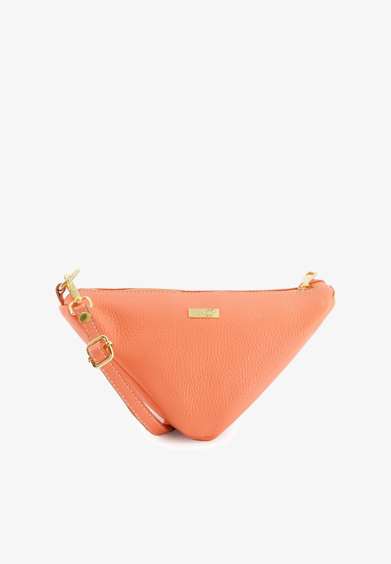 Orange leather triangular crossbody bag with gold hardware, adjustable strap, and zipper closure. Textured finish with embossed logo detail.