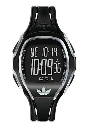 Orologio digitale con cinturino in gomma nera e dettagli in plastica trasparente. Presenta un quadrante rettangolare nero con display LCD bianco e logo Adidas.