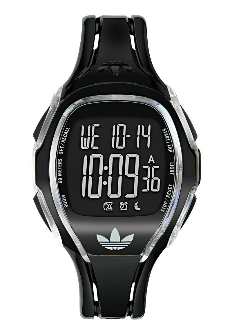 Digitale Uhr mit schwarzem Gummiarmband und klaren Kunststoffakzenten. Verfügt über ein rechteckiges schwarzes Zifferblatt mit weißem LCD-Display und Adidas-Logo.