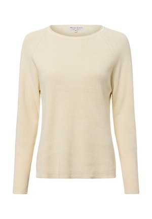 Helles gelbes, langärmliges Sweatshirt mit gerippter Textur und rundem Ausschnitt. Verfügt über Raglanärmel und einen geraden Saum.