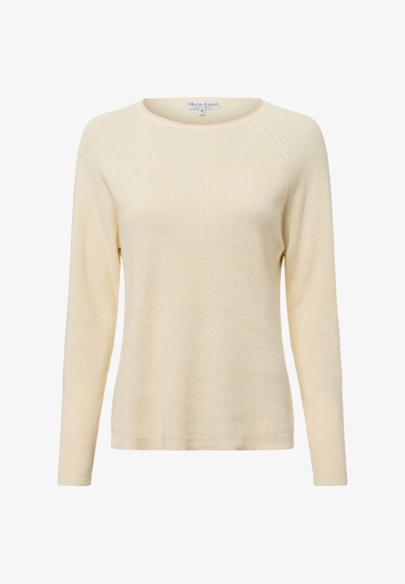 Helles gelbes, langärmliges Sweatshirt mit gerippter Textur und rundem Ausschnitt. Verfügt über Raglanärmel und einen geraden Saum.