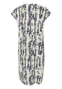 Robe à manches courtes en tissu léger présentant un motif abstrait vertical dans des tons bleu marine, moutarde et beige. Silhouette légèrement évasée en forme de A.