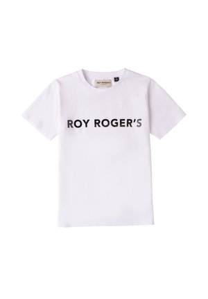 Witte katoenen t-shirt met de tekst "ROY ROGER'S" in vetgedrukte zwarte letters. Klassiek ontwerp met ronde hals en korte mouwen, zonder patronen.
