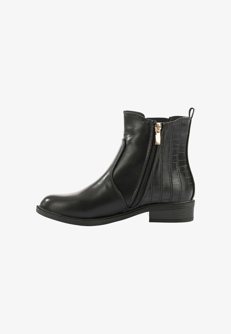 Stivali neri alla caviglia realizzati in pelle liscia e con stampa coccodrillo, dotati di una zip laterale e di un tacco basso a blocco.