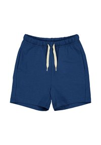 Námořnické modré šortky vyrobené z měkké látky, s elastickým pasem na šňůrku, bočními kapsami a jednoduchým designem.