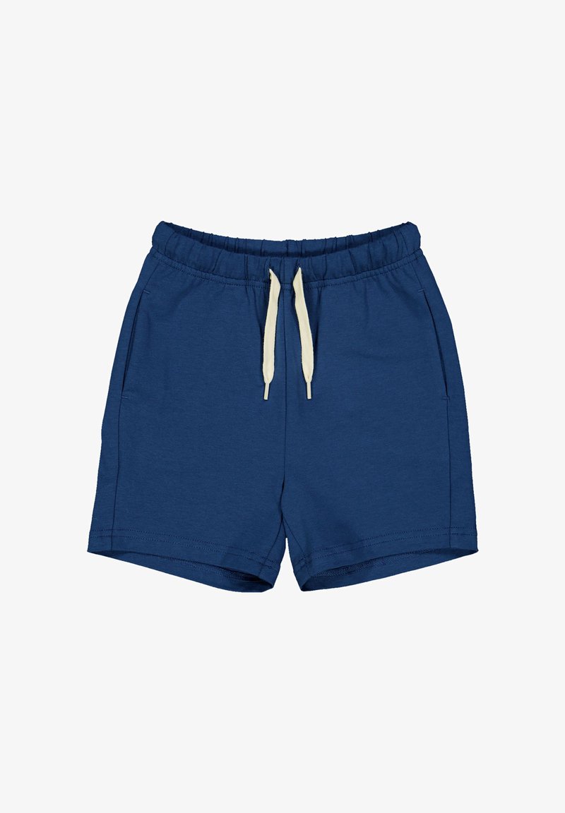 Námořnické modré šortky vyrobené z měkké látky, s elastickým pasem na šňůrku, bočními kapsami a jednoduchým designem.
