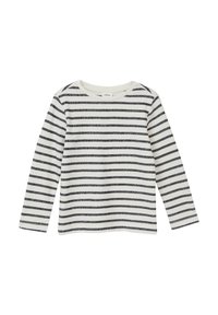 Langermige shirt gemaakt van zachte stof met horizontale zwarte strepen op een witte achtergrond, met een ronde hals en een casual pasvorm.