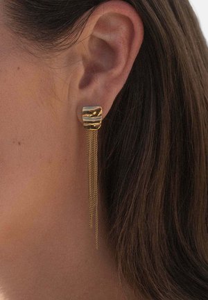 Goldfarbener Metallohrring mit einem strukturierten quadratischen Oberteil und mehreren filigranen Kettenquasten, getragen am linken Ohr vor dunklem Haar.