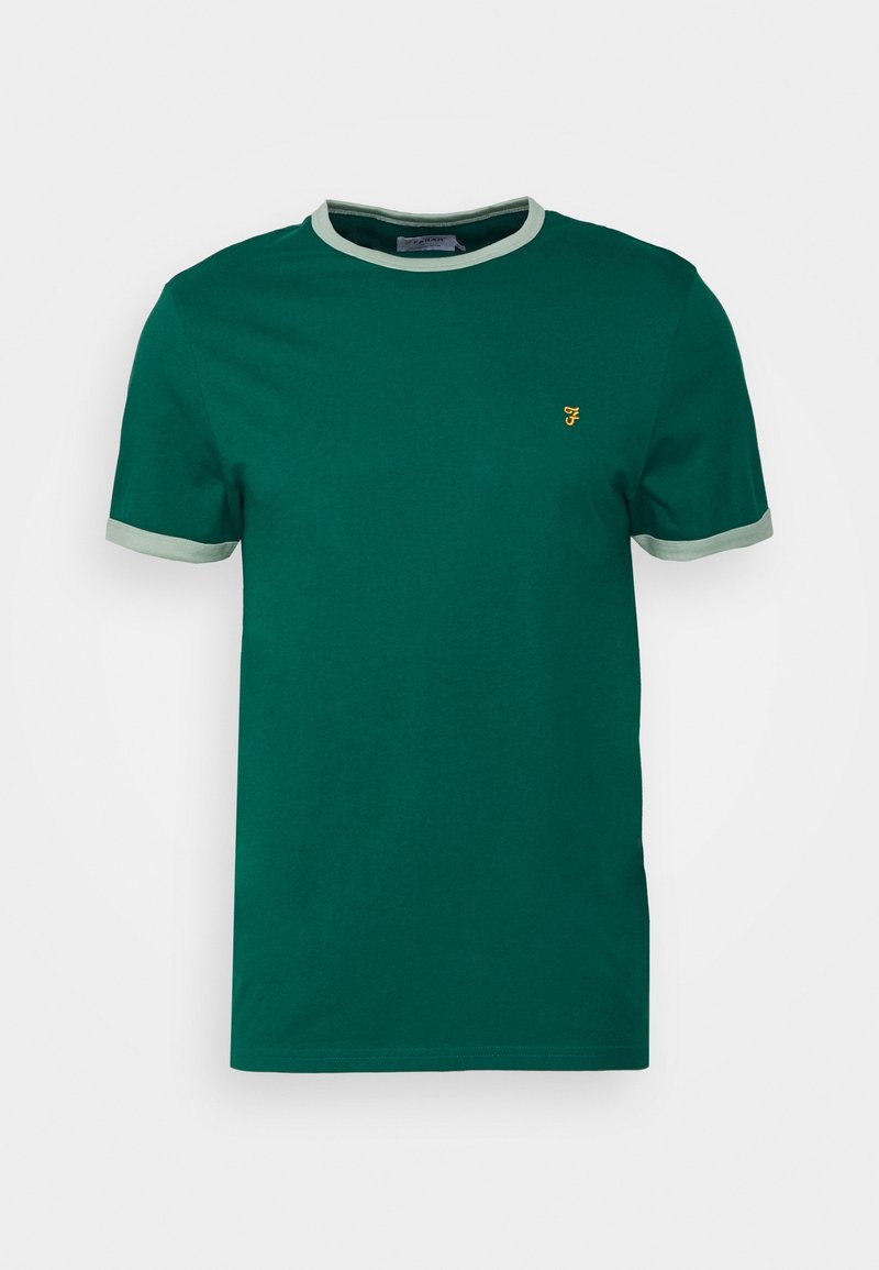 Green cotton t-shirt with a round neck, light green trim on the collar and sleeves, featuring a small yellow logo on the chest.