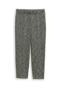 Grijze broek met houndstooth-patroon van een zachte, gestructureerde stof. Voorzien van een elastische tailleband en taps toelopende pijpen. Zichtbaar.