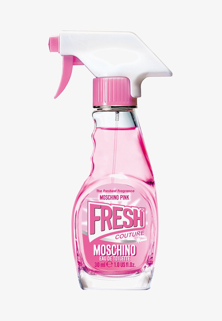 Doorzichtige parfumfles in de vorm van een roze-witte sprayreiniger met het label "FRESH COUTURE MOSCHINO Pink Eau de Toilette 30ml".