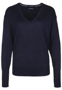 Granatowy sweter w serek z długimi rękawami, wykonany z lekkiego materiału, z prążkowanym dołem i subtelnym paskiem przy dekolcie.