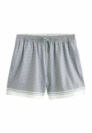 Herren-Badeshorts mit einem weißen und grauen geometrischen Muster, elastischem Bund mit Kordelzug und weißem Besatz an den Säumen.