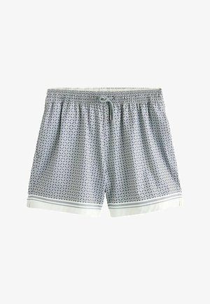 Herren-Badeshorts mit einem weißen und grauen geometrischen Muster, elastischem Bund mit Kordelzug und weißem Besatz an den Säumen.