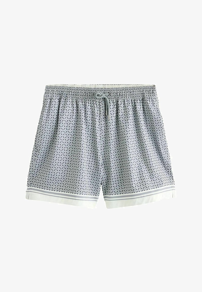 Shorts de bain pour hommes avec un motif géométrique blanc et gris, taille élastique avec cordon de serrage, et bordure blanche aux ourlets.