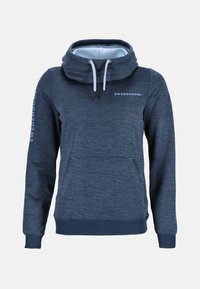 Felpa con cappuccio di colore blu navy, con colletto alto, cordini, tasca frontale e logo sul petto. Realizzata in un tessuto testurizzato, con polsini a costine.
