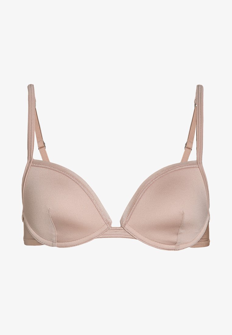 Soutien-gorge rembourré rose clair avec armatures, tissu lisse, bretelles réglables et fermeture à crochets. Il présente une forme de bretelle triangulaire et un design sans coutures.