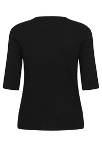 Černý žebrovaný svetr s kulatým výstřihem a rukávy do t�ří čtvrtin. Má strukturovanou tkaninu a přiléhavý střih.