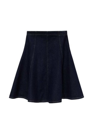 Denim A-linje kjol i mörkblå med kontrasterande gula sömmar. Har en åtsittande midja med utsvängd nederkant, slät textur och inga dekorationer.