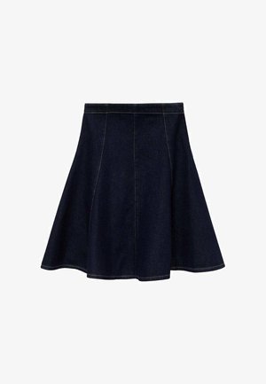 Denim A-line skirt in dark blue with contrasting yellow stitching. Features a fitted waist with flared hem, smooth texture, and no embellishments.