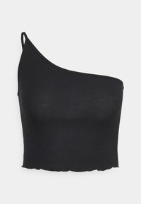Top cropped preto canelado com uma alça única. A barra tem uma ligeira borda ondulada, destacando um design ajustado e uma textura suave.