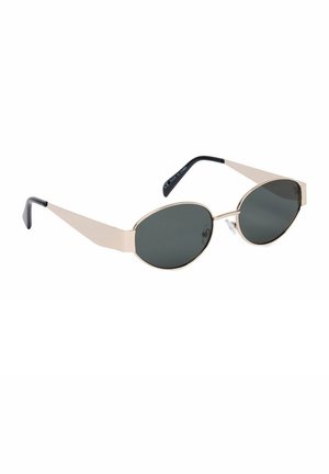 Elegante Sonnenbrille mit metallischem goldfarbenem Gestell, schwarzen ovalen Gläsern, breiten, eckigen Bügeln und schwarzen Ohrstöpseln.