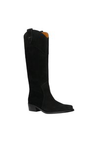 Botte de cowboy en suede noir avec une forme effilée, une tige haute et un talon empilé. Présente un haut courbé et des accents de couture subtils.