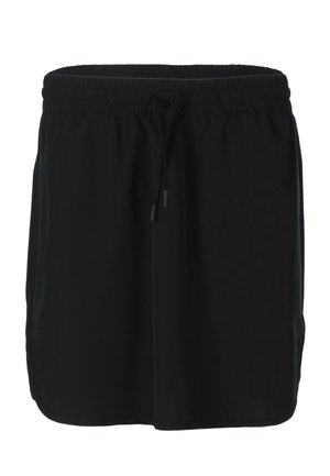 Schwarze knielange Shorts mit elastischem Bund und Kordelzug, aus leichtem Stoff gefertigt.