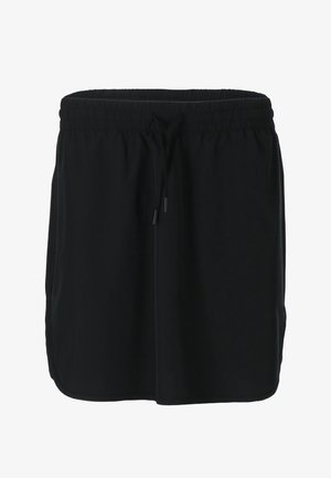 Pantalones cortos negros hasta la rodilla con cintura elástica y cordón, hechos de tela ligera.
