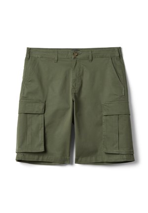 Pantaloncini cargo verde oliva con tasche con patta su entrambe le cosce, tasche laterali, passanti per cintura e chiusura con bottone in vita.