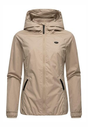 Beige jacka med huva, framzippering och två sidofickor. Tillverkad av mjukt, lätt material med elastiska ärmslut.