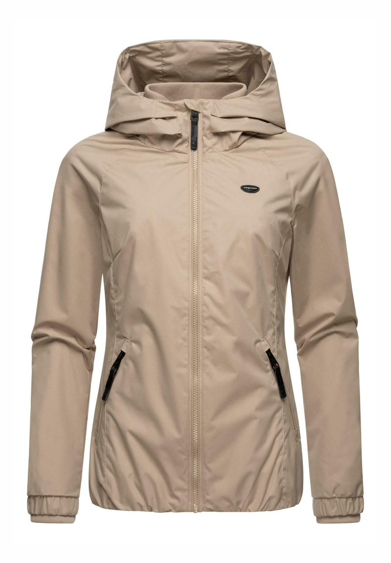 Beige jacket with a hood, front zip closure, and two side pockets. Made of smooth, lightweight material with elasticized cuffs.