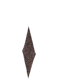 Sciarpa nera a motivi con una varietà di disegni floreali e animali colorati. Il tessuto è leggero e strutturato. La forma è un diamante allungato.